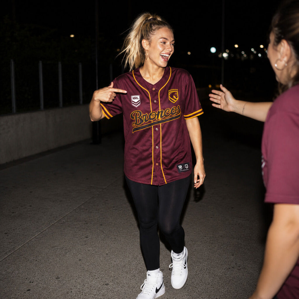Brisbane Broncos NRL 'Homer' Baseball Jersey Slugger T Shirt Sizes 8-14!